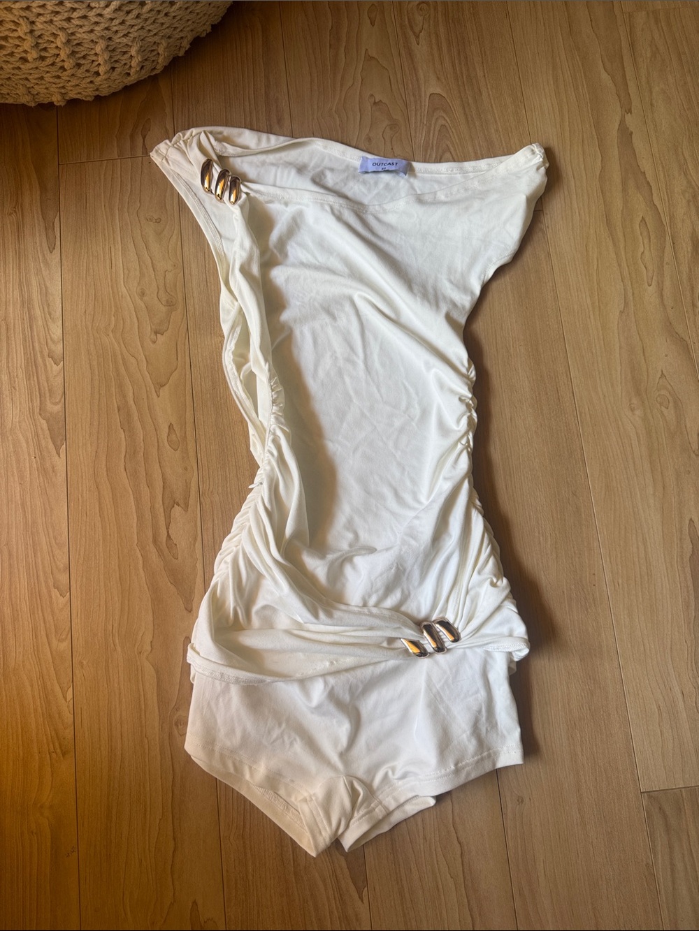 White One-Shoulder Romper with Gold Ring Accents - Women Jumpsuit